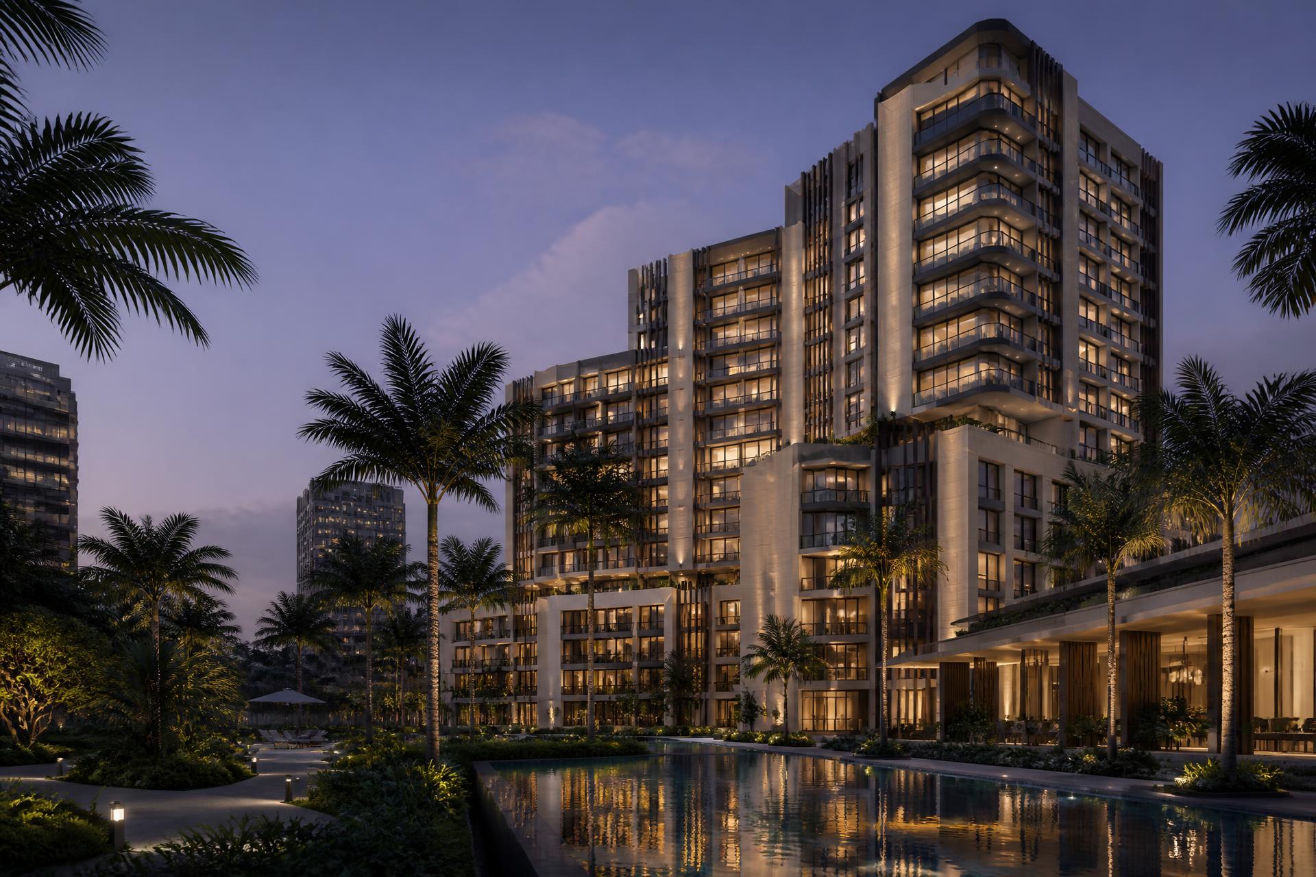 Contemporary luxury residential tower at dusk, Bonanjo, Douala